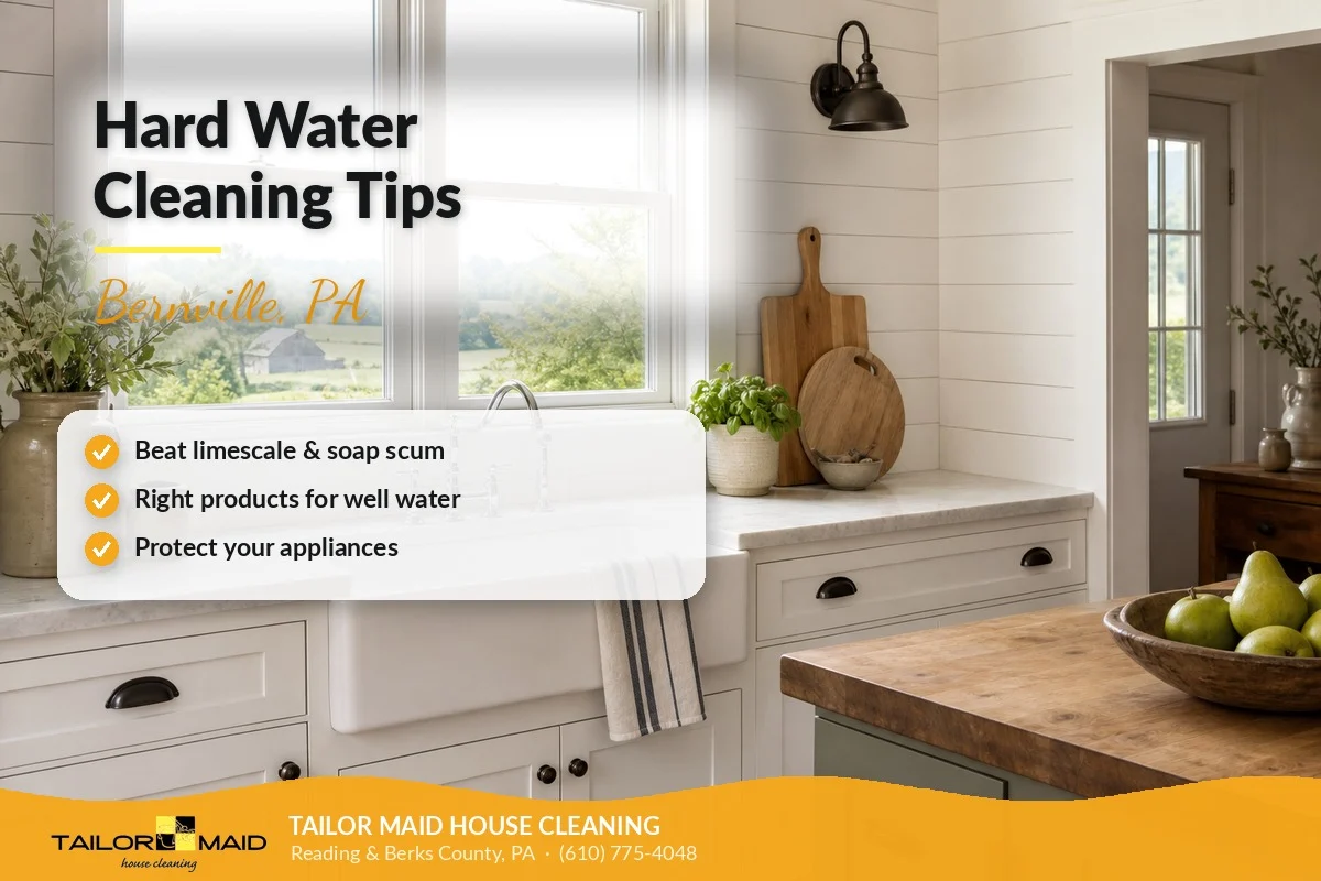 Bright farmhouse kitchen sink illustrating hard water cleaning tips for Bernville PA homes