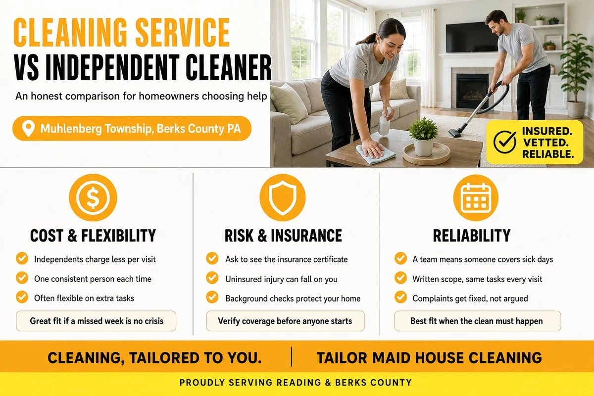 Cleaning service vs independent cleaner in Muhlenberg Township - Tailor Maid House Cleaning
